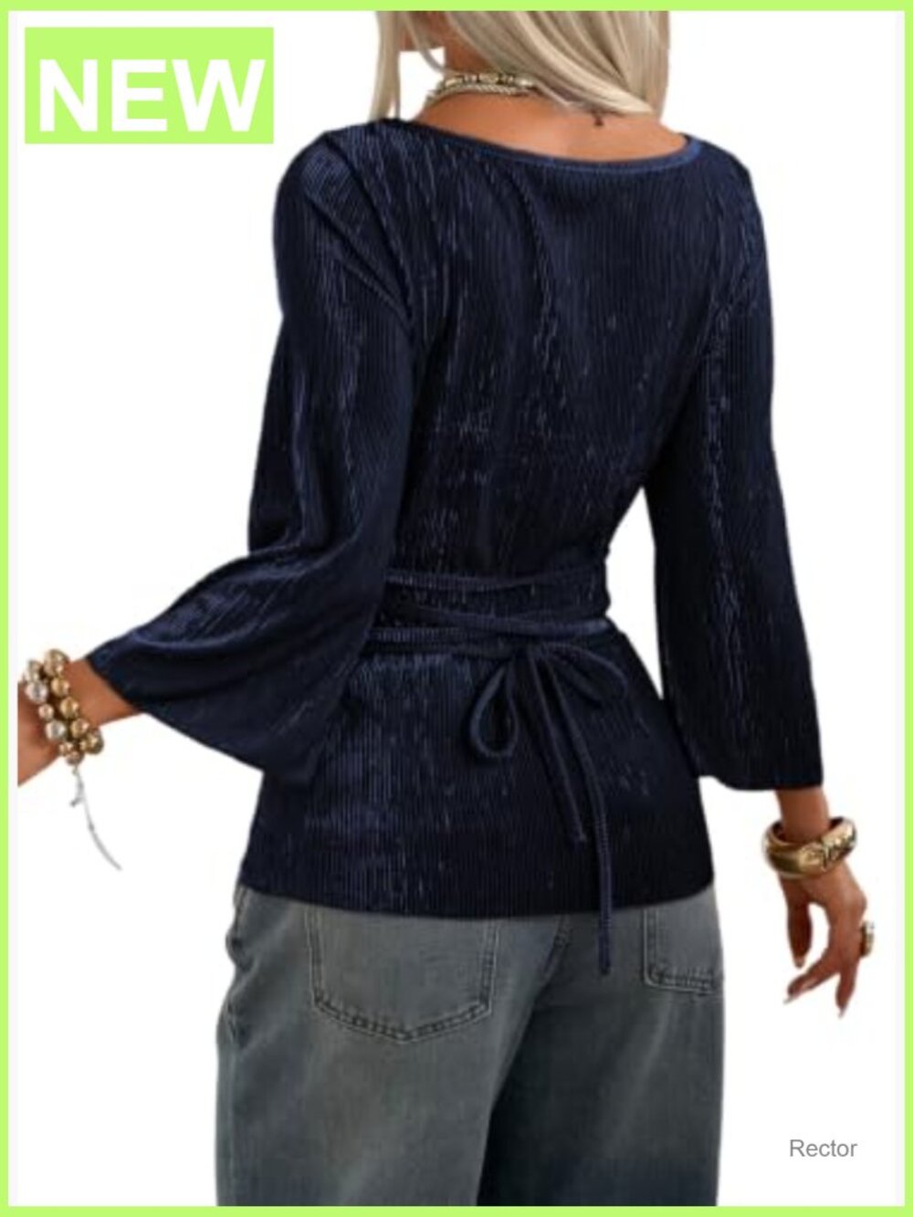 Womens Ribbed Knit 3/4 Bell Sleeve Boat Neck Ruched Waist Fitted Tee Top - Picture 2 of 7